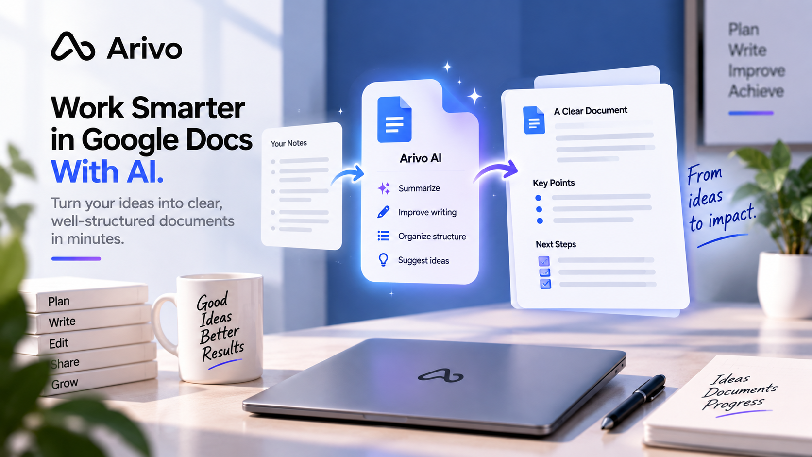 Arivo AI helping users summarize Google Docs, improve writing, organize information, extract action items, and streamline document workflows.