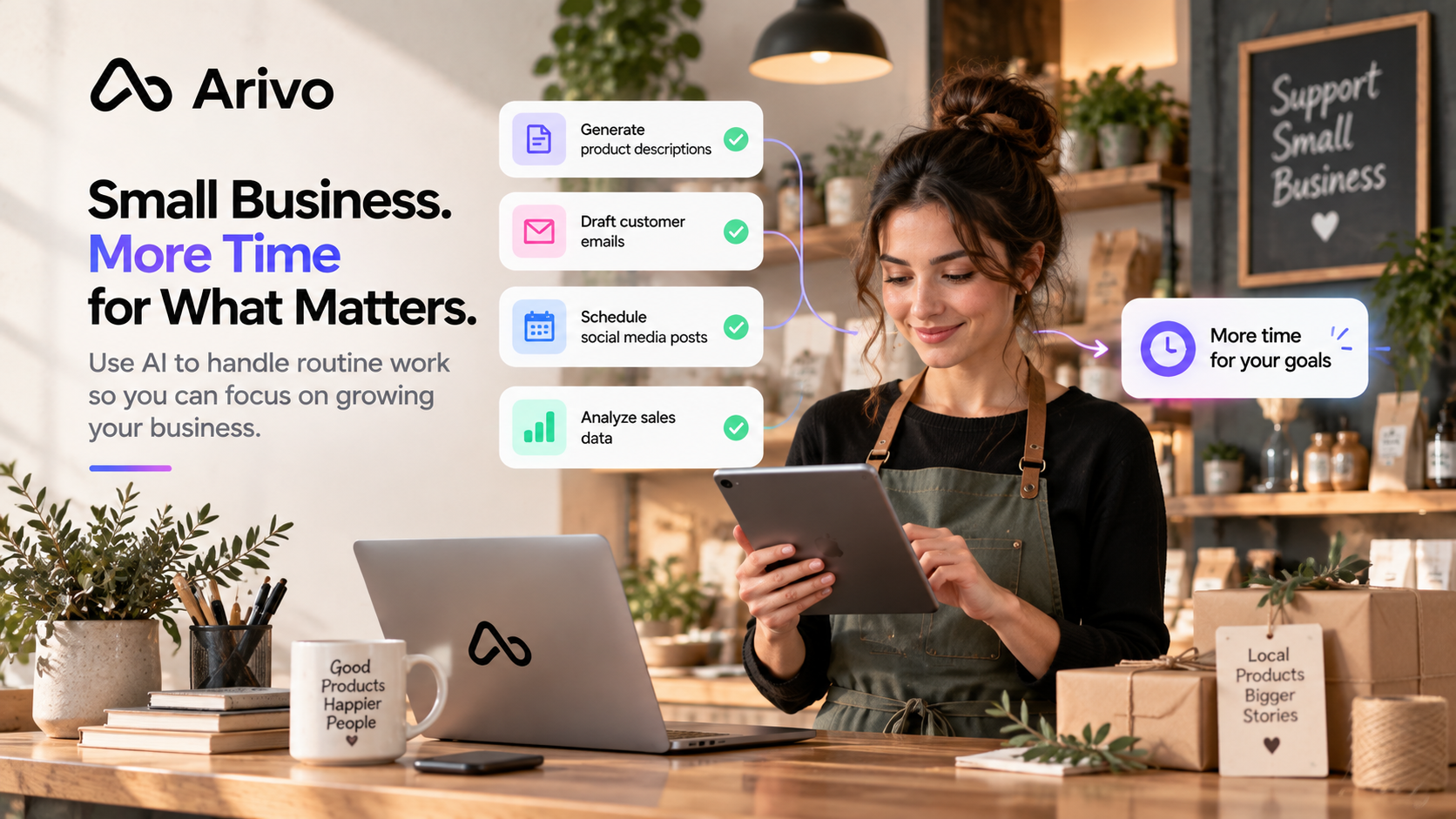 Arivo AI helping small businesses automate repetitive tasks, manage customer requests, create content, organize work, and save valuable time.