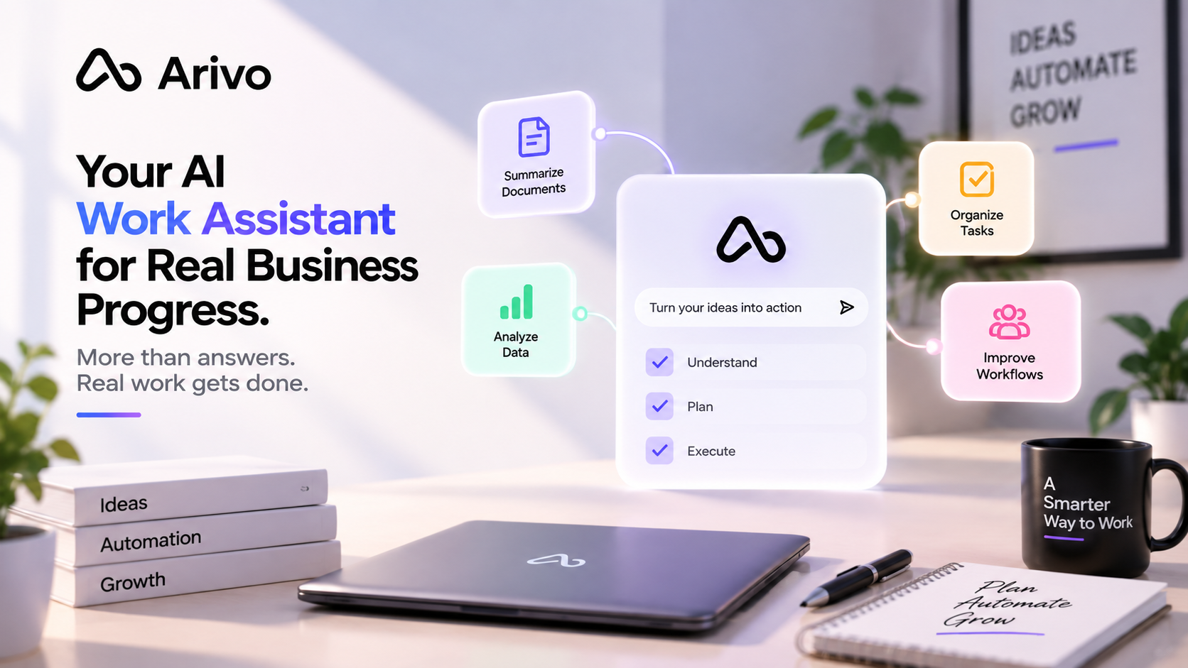 Arivo AI work assistant helping businesses organize tasks, manage documents, automate repetitive work, and improve everyday productivity.