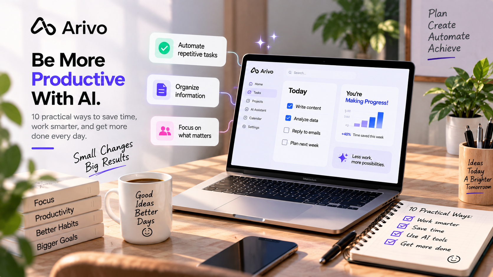 Arivo AI productivity tools helping users automate tasks, organize work, save time, track progress, and become more productive.