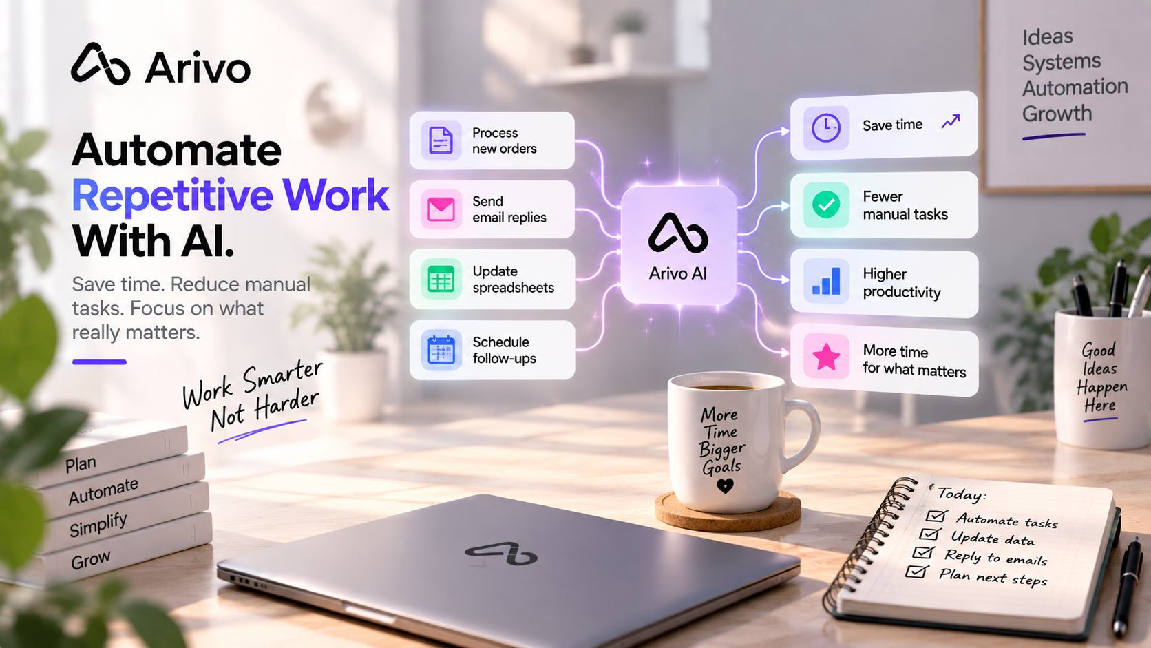 Arivo AI automation turning repetitive manual tasks into smarter workflows to save time, reduce busy work, and improve productivity.