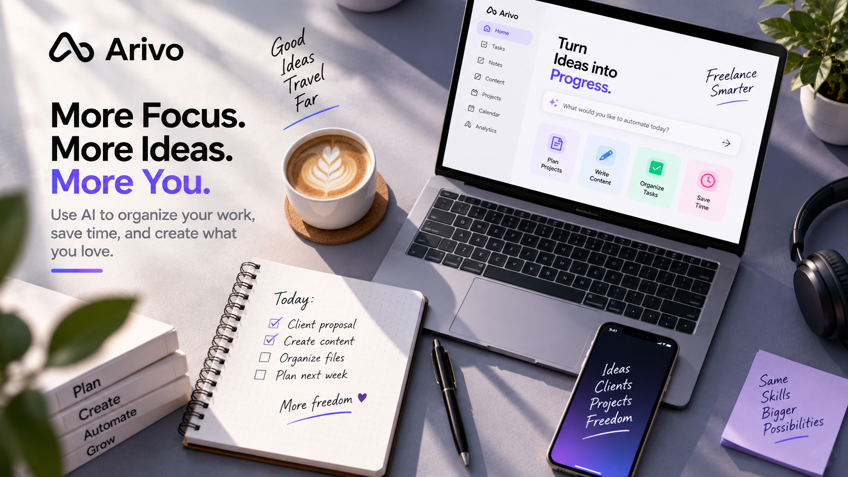 Arivo AI productivity tools helping freelancers organize projects, automate repetitive tasks, manage client work, create content, and save time.